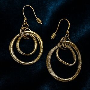 Gold-Tone Textured Hoop Dangle Earrings – Interlocking Statement Design - 2-inch